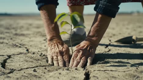 in a rural area under the warm afternoon sun, hands gently plant small seedlings into the dry, cracked soil. the careful action reflects hope amidst challenging conditions.