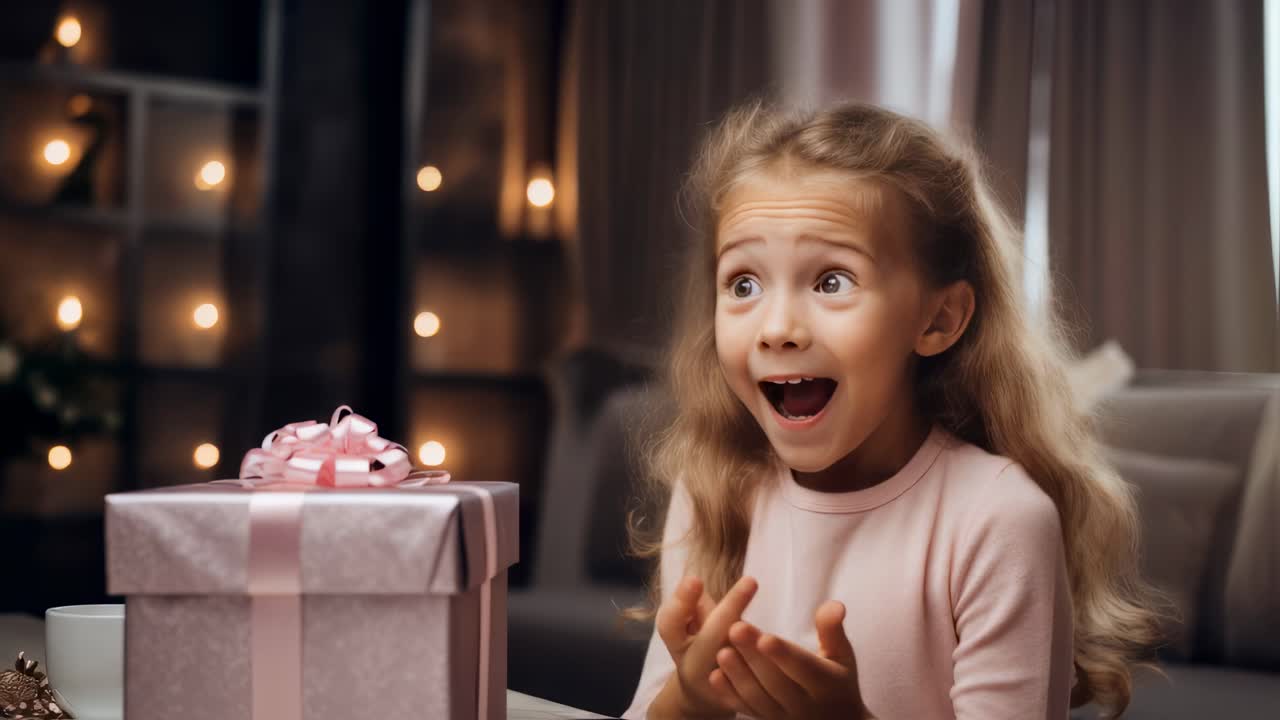Cheerful little girl with blond hair excitedly opening a beautifully wrapped gift box with a pink bow, capturing a heartwarming moment of joy in a cozy, warmly lit home