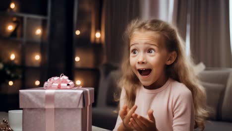 cheerful little girl with blond hair excitedly opening a beautifully wrapped gift box with a pink bow, capturing a heartwarming moment of joy in a cozy, warmly lit home