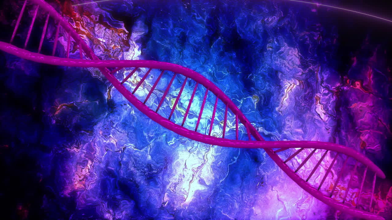 animación de cadena de adn sobre un fondo giratorio azul y púrpura abstracto