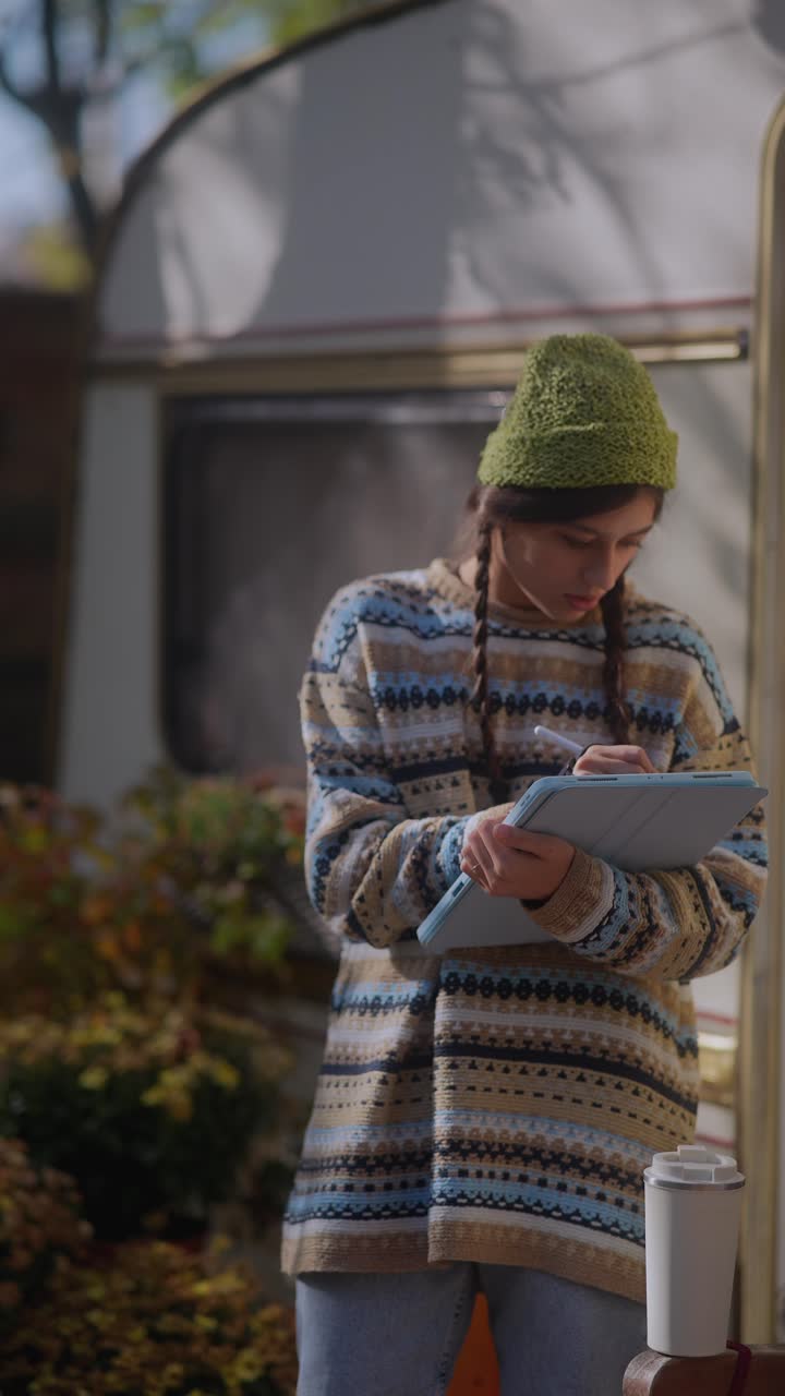 mujer joven trabajando en una tableta al aire libre