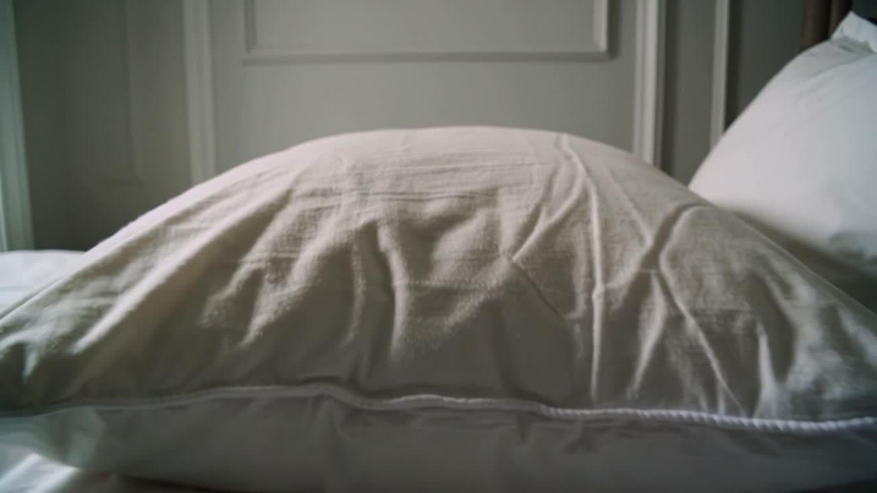 La telecamera si allontana, rivelando un cuscino chiaro e arrotondato che mostra una cucitura testurizzata sul letto per mettere in evidenza la biancheria da letto