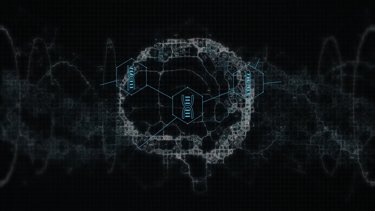 Animation of medical icons and brain on black background