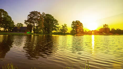 el lapso de tiempo del amanecer con la luz dorada reflejada en la superficie de un estanque
