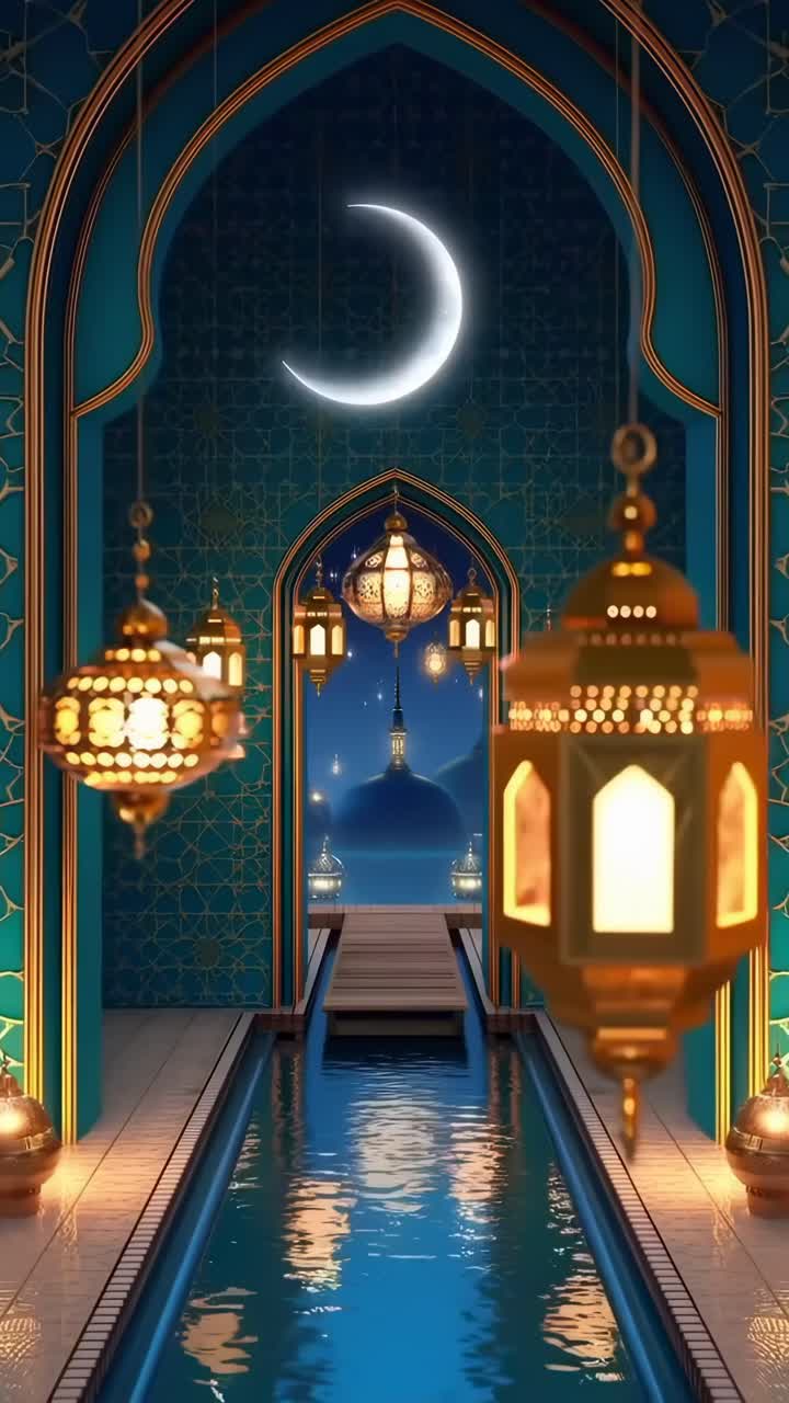 Elegante architettura islamica con lanterne e luna crescente, ripresa con un'angolazione video cinematografica.