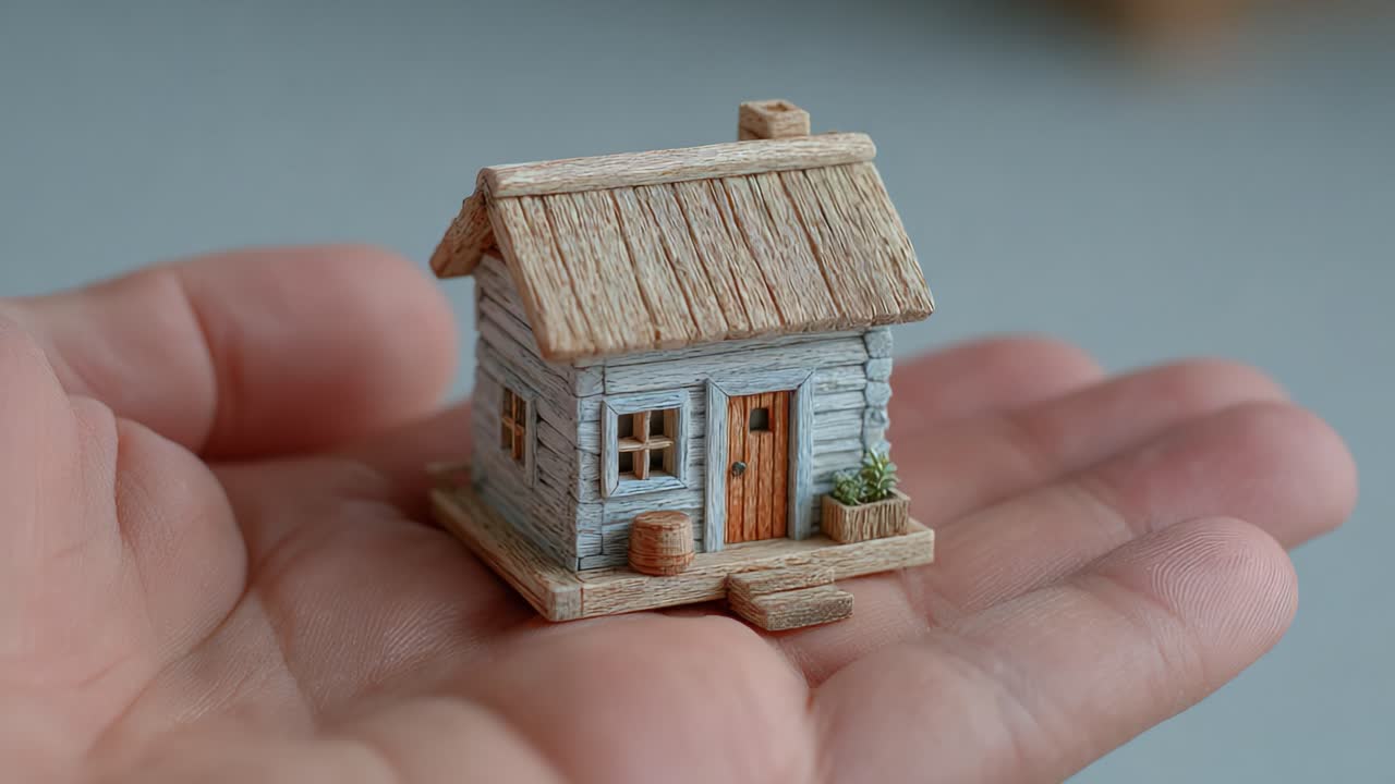 Un'affascinante casa in legno in miniatura, delicatamente tenuta in una mano, che mostra un'intricata fattura e attenzione ai dettagli, perfetta per appassionati di decorazioni per la casa e collezionisti