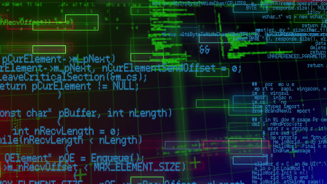 Programming code and data processing animation over colorful digital background