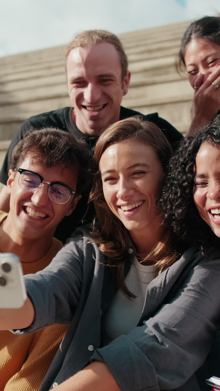 Group of smiling students outdoors using cell phone and taking selfie
