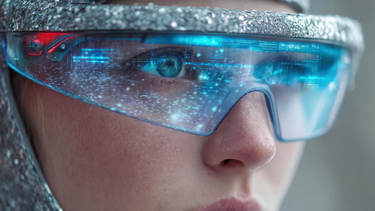 Futuristic Visor: A Close-Up View of a Stunning Lens Displaying High-Tech Data and Visualizations on a Fashionable, Metallic-Accented Helmet