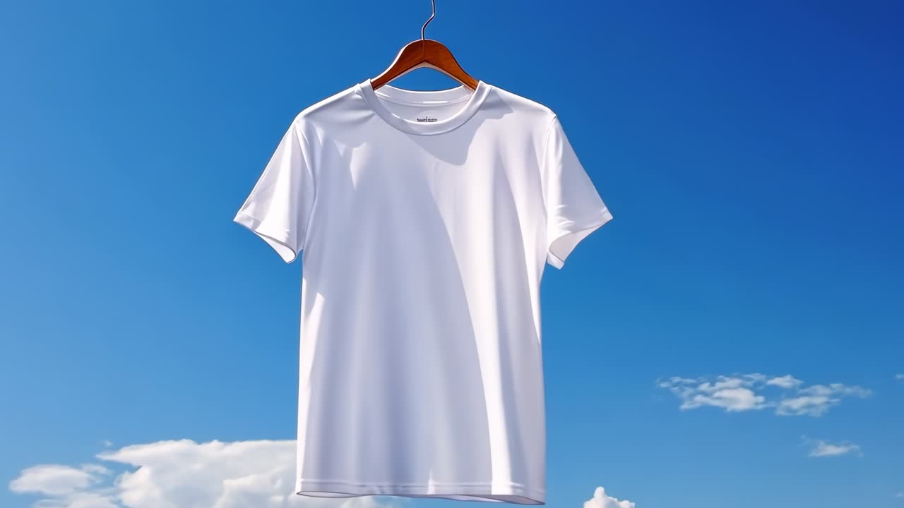 A white T-shirt on a hanger against a blue sky with clouds, captured from a low angle