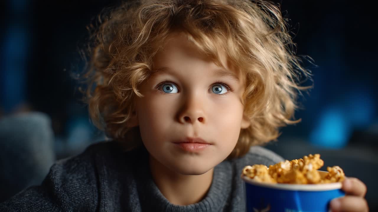 A Curious Child Enjoying Popcorn in a Cozy Setting, Captured in Moments of Anticipation and Wonder while Watching an Engaging Film Experience