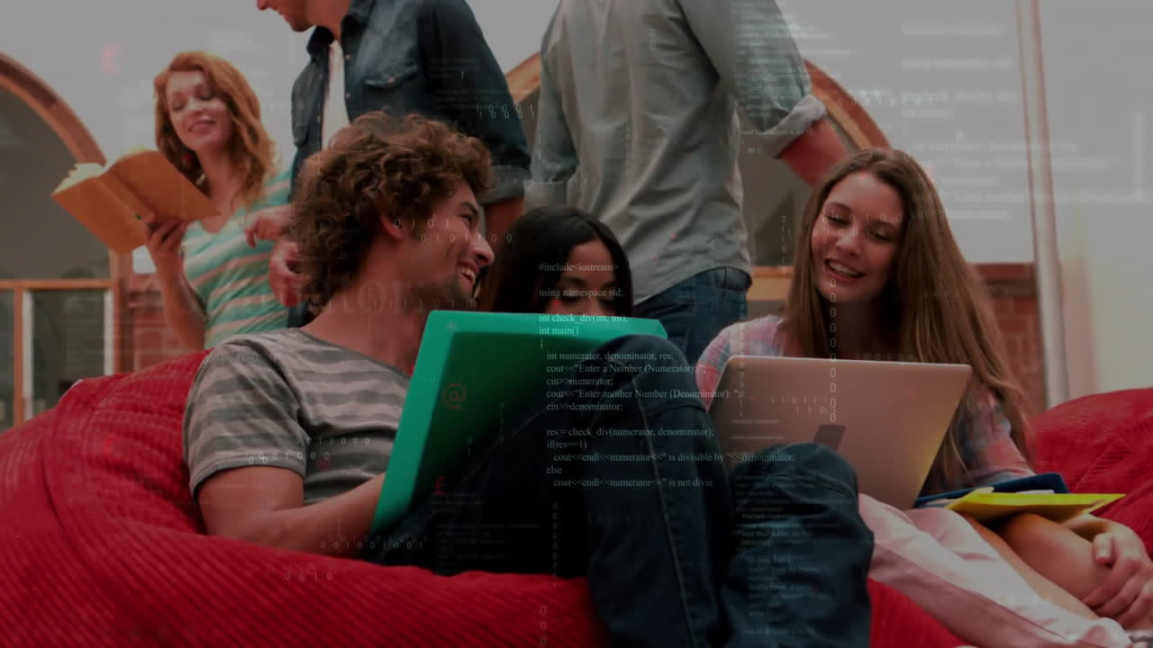 Programming code animation over diverse group of friends using laptops and tablets