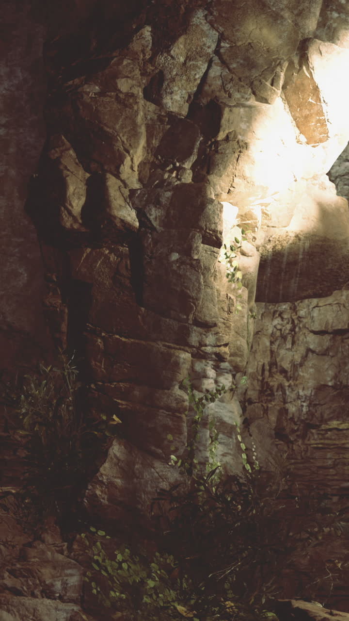 Light streaming into a rocky cave creating a mystical atmosphere