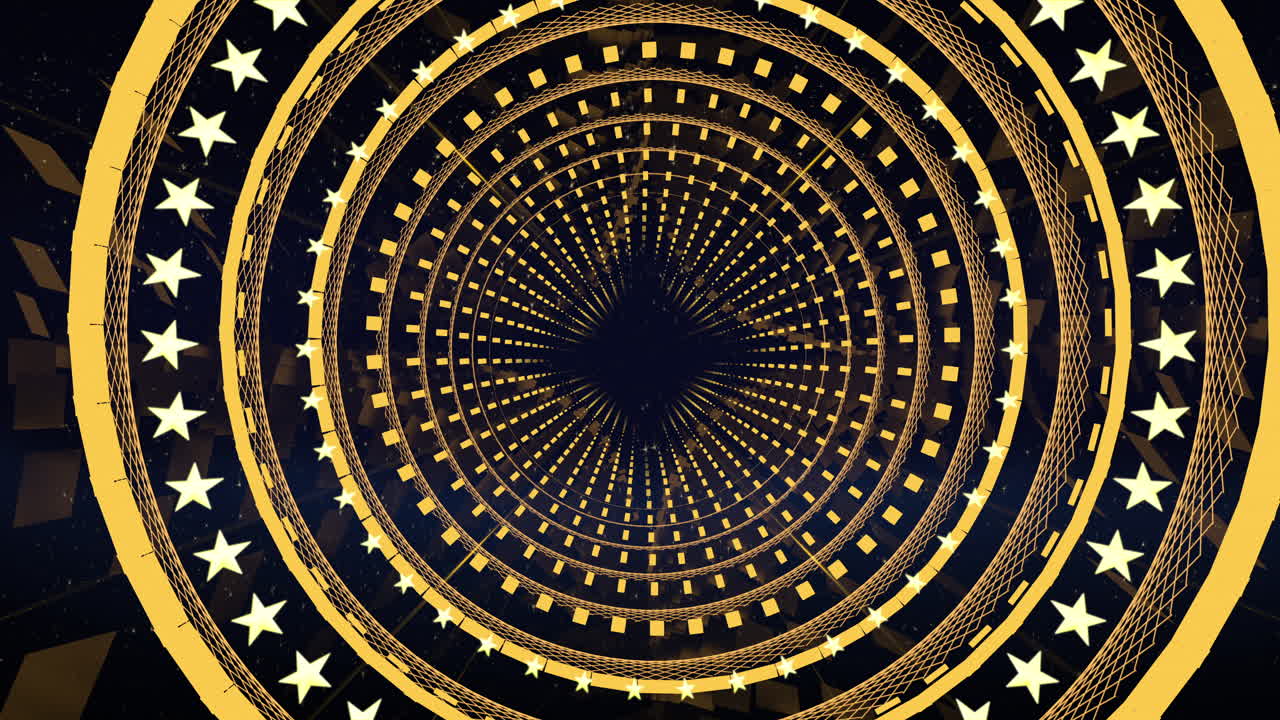Sfondo in loop con tunnel dorato in movimento, stile tunnel circolare futuristico, per scenografie, video mapping, video musicali, programmi TV, editor e VJ per schermi LED o sfilate di moda