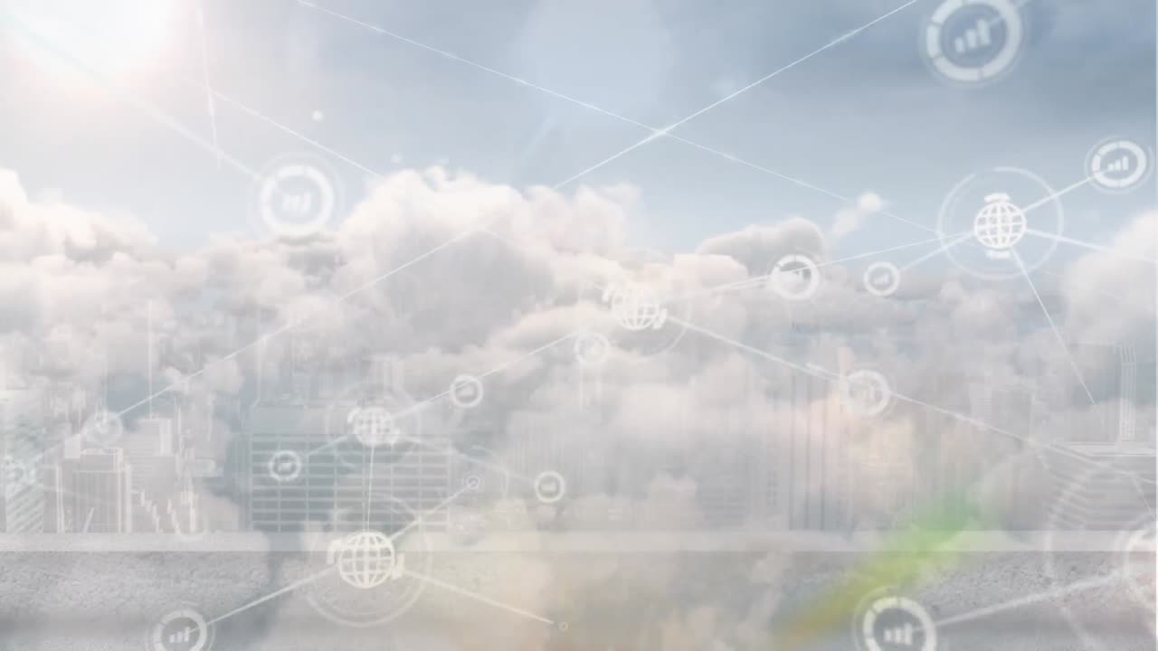 Animation of network of connections with icons over cityscape and sky with clouds