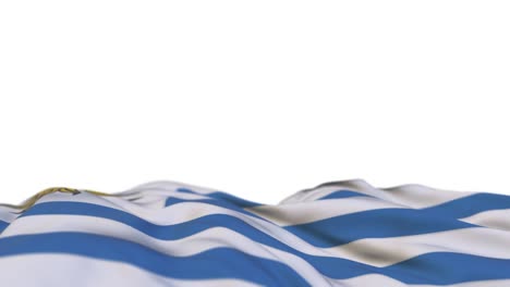 uruguay fabric flag waving on the wind loop. uruguayan embroidery stitched cloth banner swaying on the breeze. half-filled white background. place for text. 20 seconds loop.