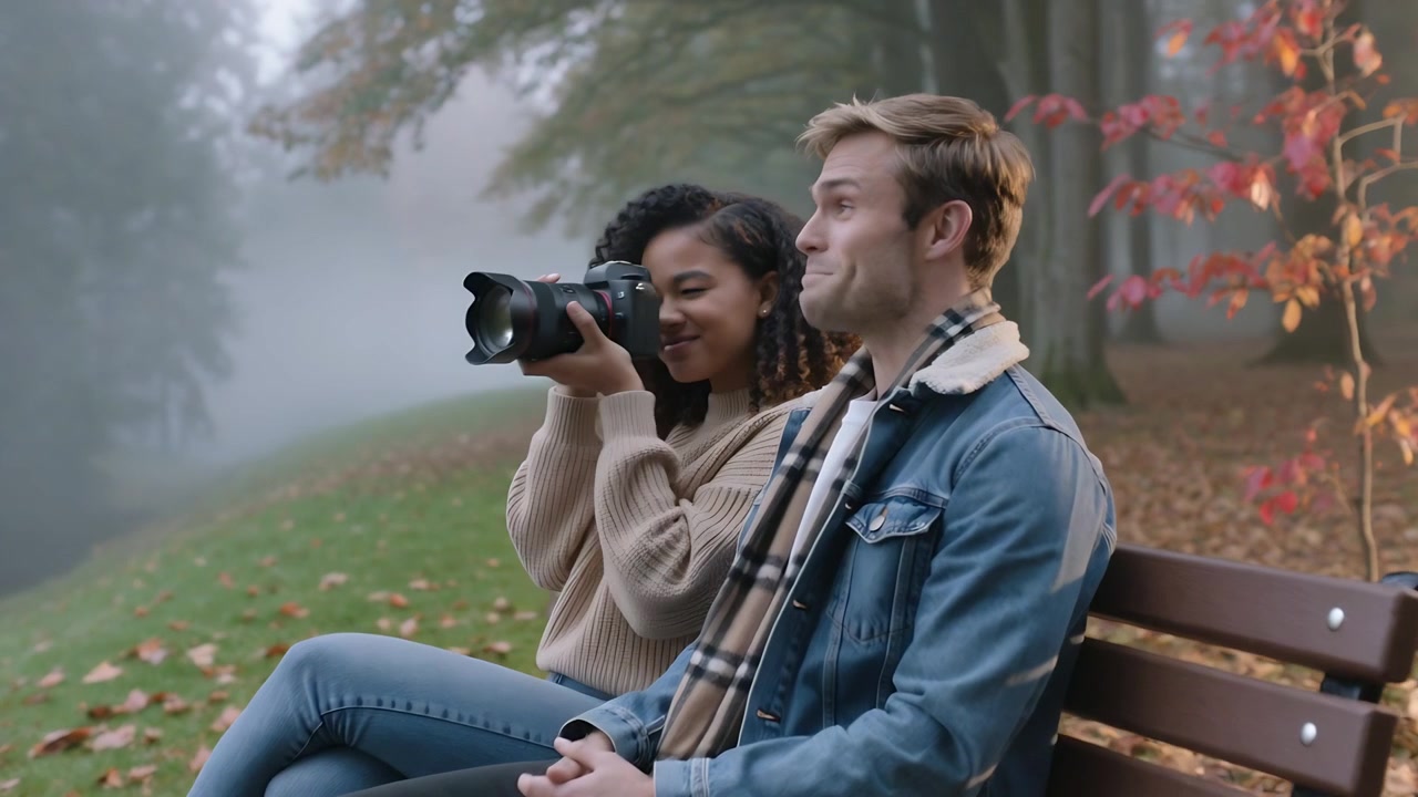 Spotting offscreen view, woman in sweater shooting DSLR on bench in misty park, man scarf laughing