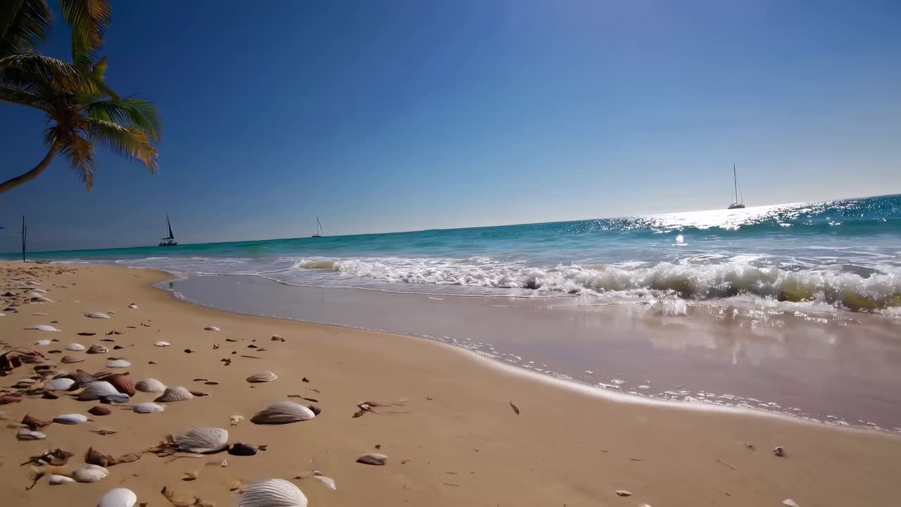 A serene beach scene with shells in the foreground, captured from a low-angle