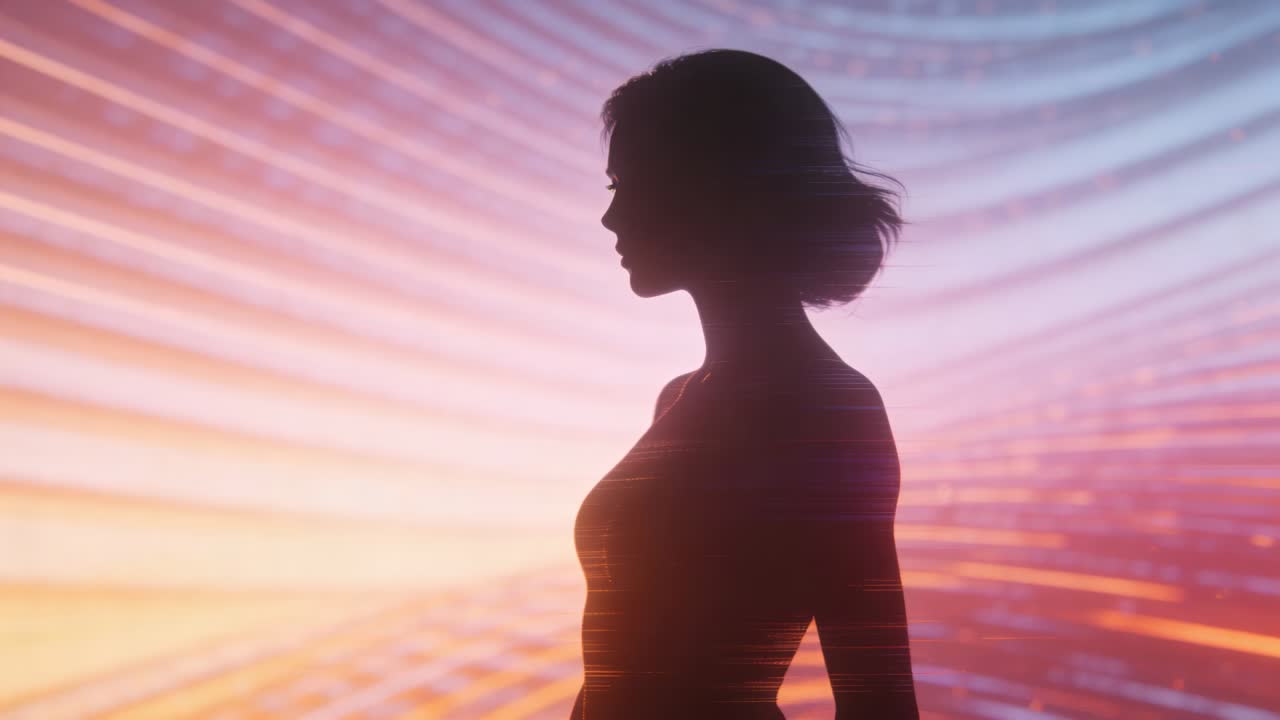 Kontur af stående kvinde i tætsiddende kjole bevæger hovedet, mens LED-lysbånd fejer hen over torsoen.