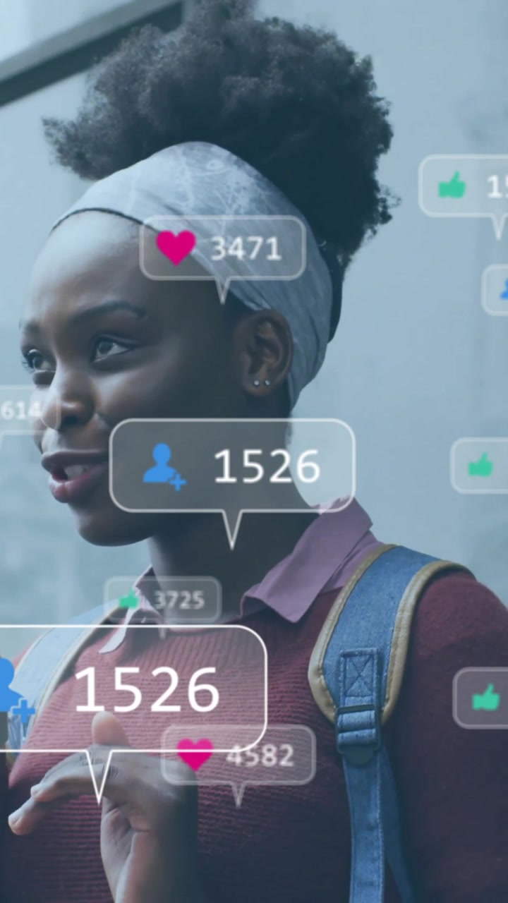 Animation of media icons over african american woman talking on smartphone