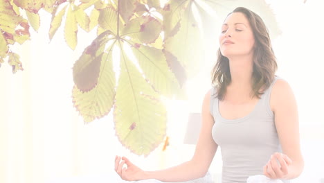 animation of light spots and leaves over caucasian woman practicing yoga and meditating