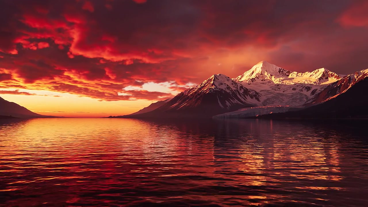 Fiery Red Sunset over Snowy Mountain Range and Calm Lake