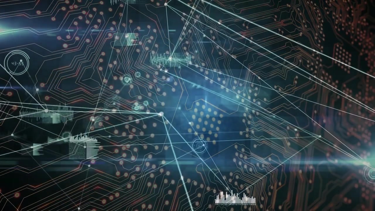Blue glow rising center causing shapes icons pulsing showing circuit board data flow