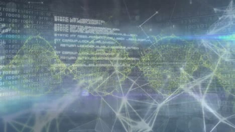 animation of network of connections over data processing and dna strand
