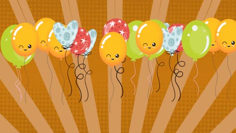 Animation-Von-Bunten-Luftballons,-Die-über-Goldenem-Hintergrund-Fliegen