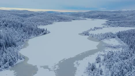 aerial view of frozen lake and forests in indre fosen, norway during winter - drone shot