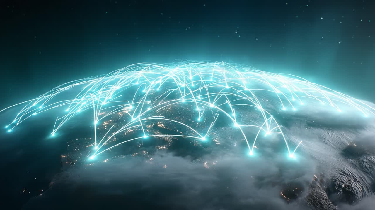 A Captivating Visualization of Global Connectivity: Light Trails Over Earth Showcasing the Interconnectedness of Cities and Networks in a Digital Age