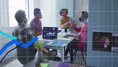 Animation-of-statistics-recording-with-blue-lines-over-team-of-colleagues-wearing-face-masks