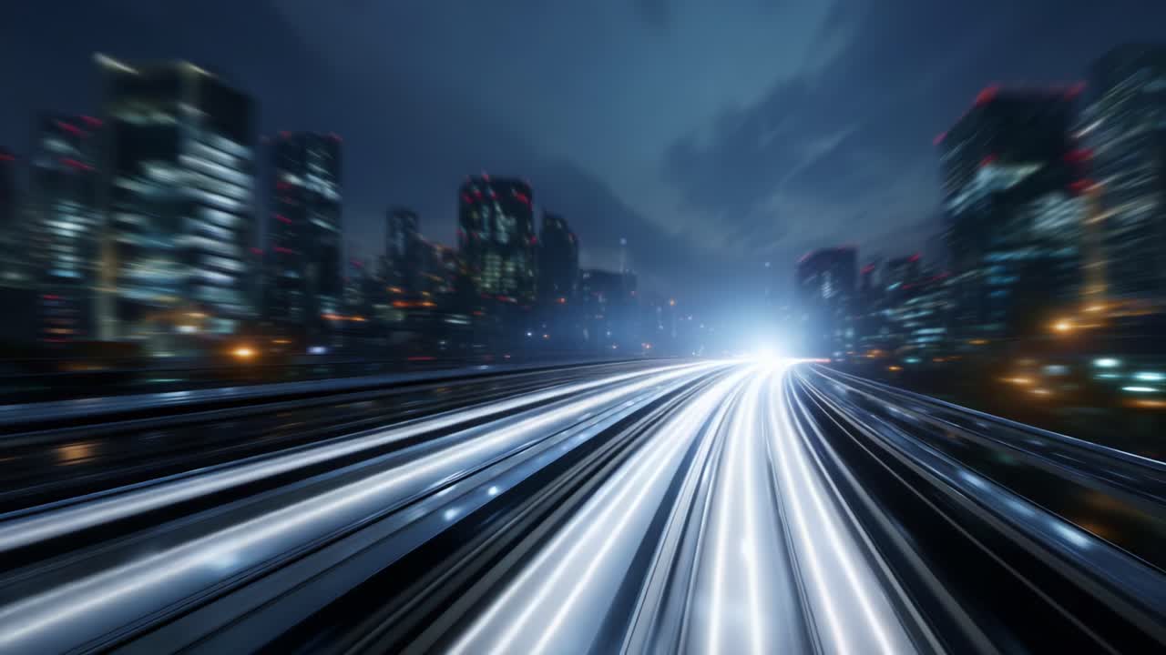 Dynaaminen kaupunkikuva yöllä, jossa futuristinen juna tai ajoneuvo kiitää valaistujen pilvenpiirtäjien ja kirkkaiden valojen läpi, luoden liikkeen ja energian tunteen