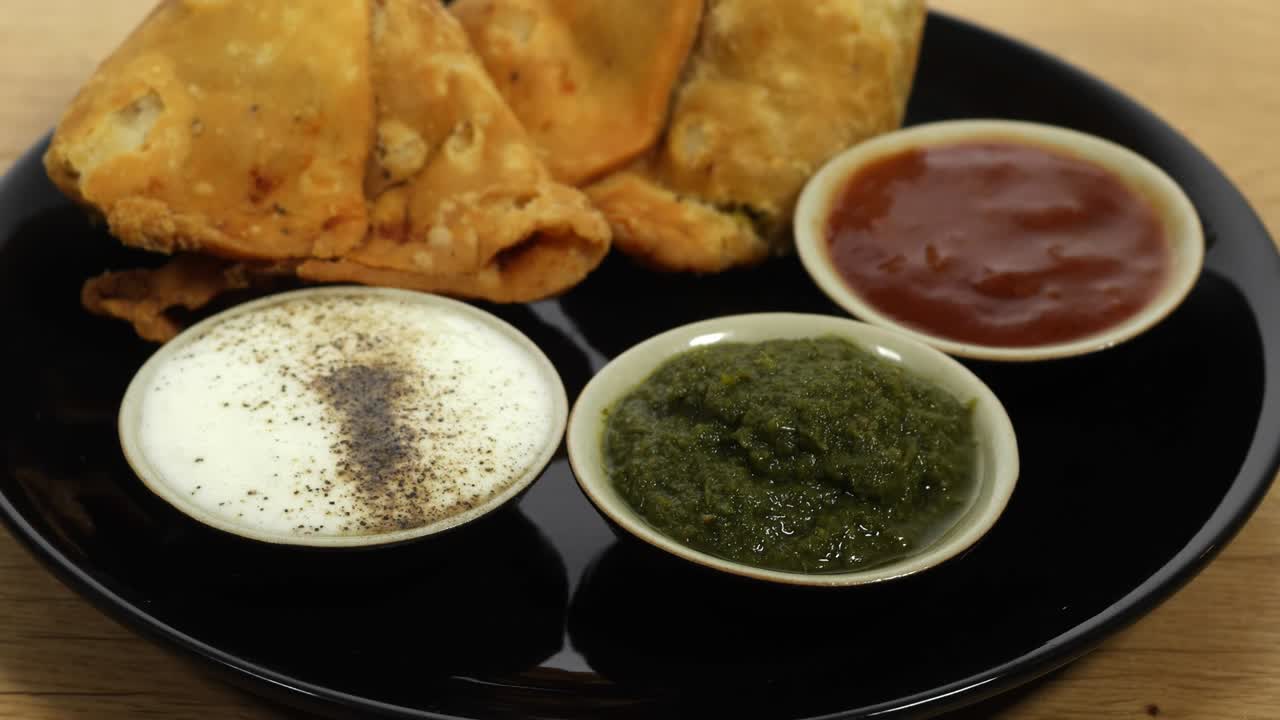 Close-up track out to a plate of Samosa served with white, green and red India chutney