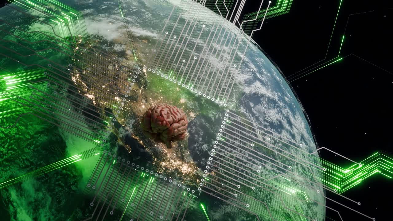 Planet Earth showing North America from space with human brain and green digital network lines. Artificial intelligence and global technology development concept for poster and wallpaper