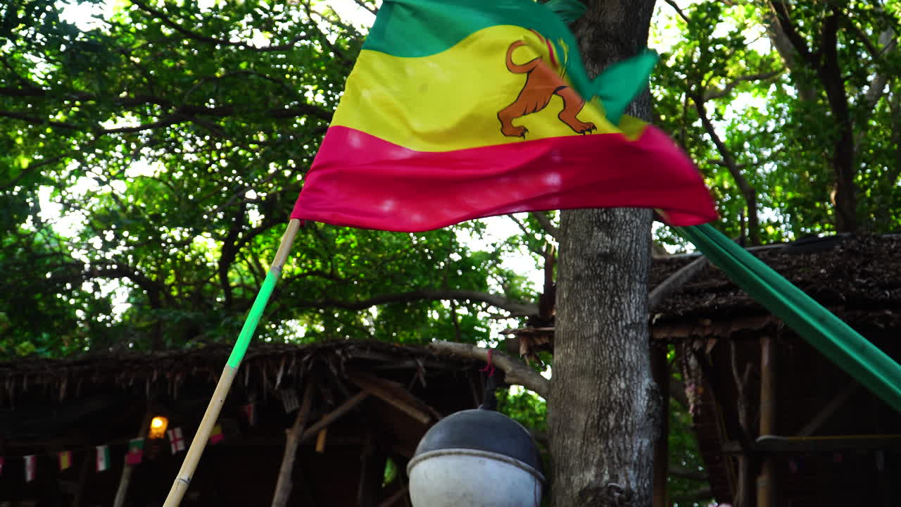 Colorful flag of cannabis in Thailand, handheld view