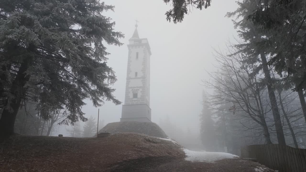 A snowy winter day shrouds the Erzherzog Johann Aussichtswarte tower in fog. The iconic landmark stands in a misty, forested landscape, capturing the serene beauty of winter.