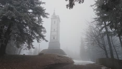 a snowy winter day shrouds the erzherzog johann aussichtswarte tower in fog. the iconic landmark stands in a misty, forested landscape, capturing the serene beauty of winter.