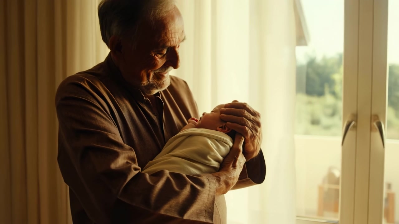 Gray-haired man holds a wrapped infant close near a sunlit window, gazing downward and carefully moving one hand over the baby's face while warm daylight fills the quiet room.