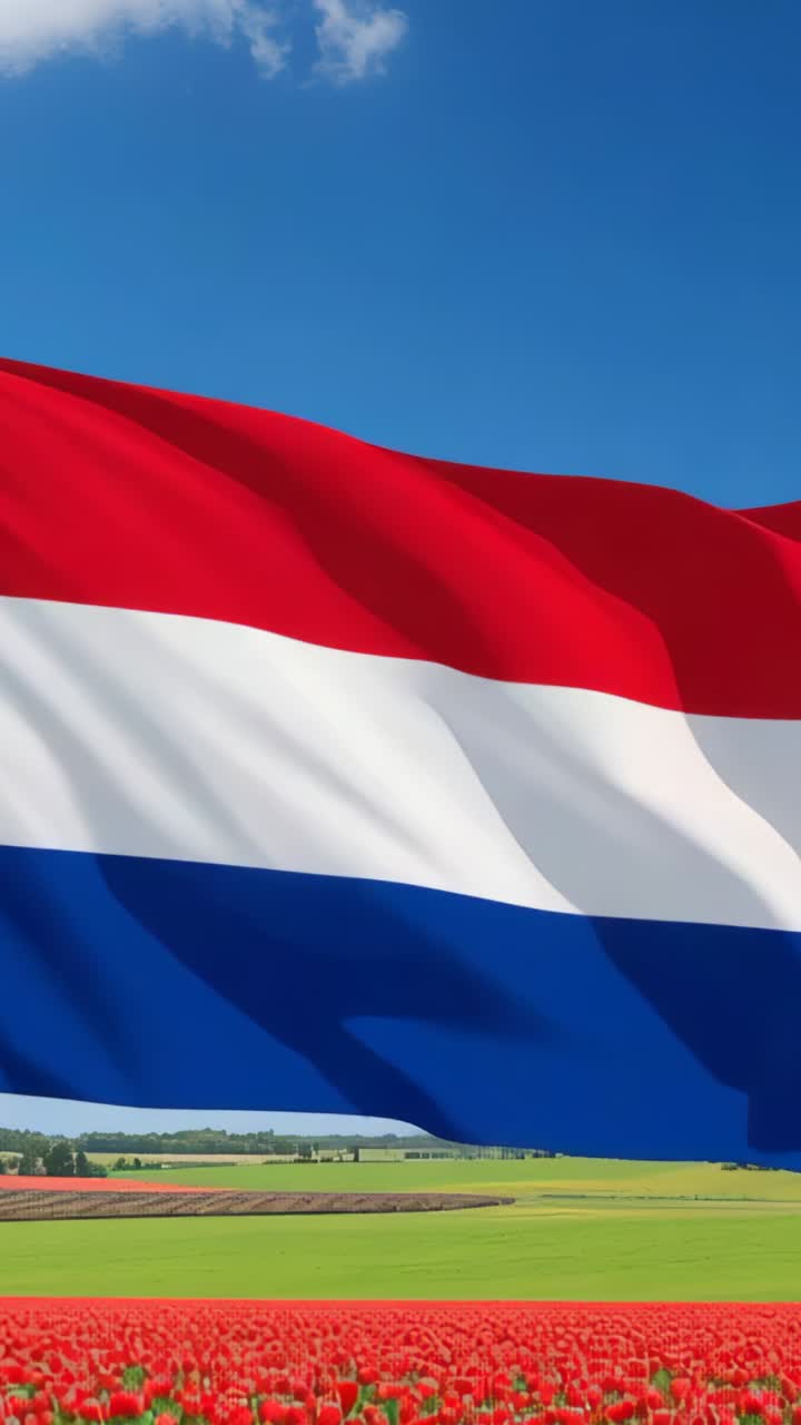Vertical video: Rippling red-white-blue flag waving over Dutch tulip field, breeze intensifying