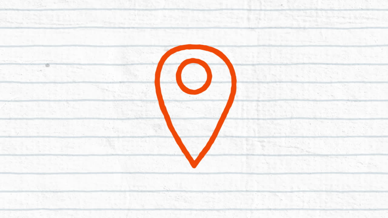 animación del icono del alfiler de la ubicación roja personas dibujadas a mano con un marcador en papel de línea blanca