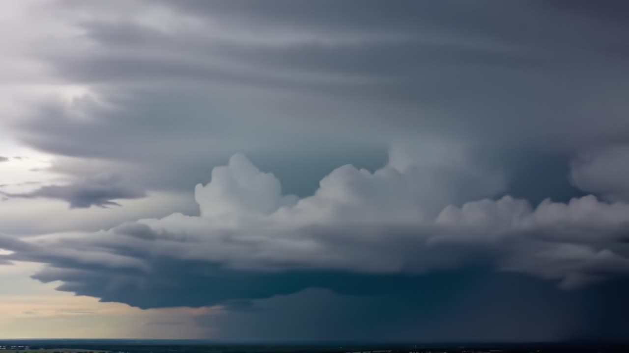 Dark storm clouds roll in over a vast countryside, creating a stunning contrast against the soft light of late afternoon. The atmosphere feels charged with impending rain.