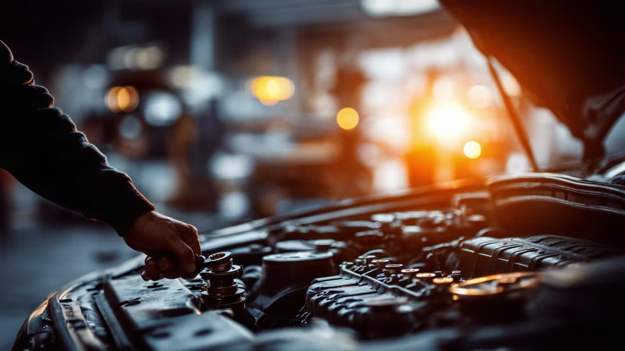 A Mechanic Inspects the Engine Under the Hood of a Car at Dusk, Highlighting the Intricate Components and the Glow of Workshop Lights in the Background