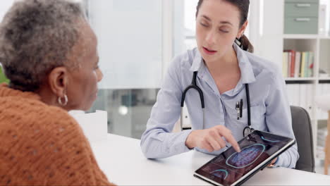 mujer, médico y tableta con paciente para radiografía