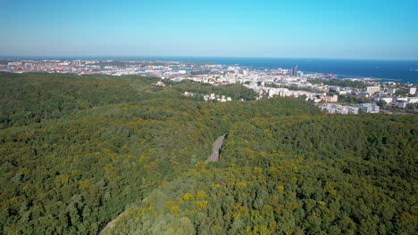 aerial approaching shot over forest trees and gdynia city in background with baltic sea, poland