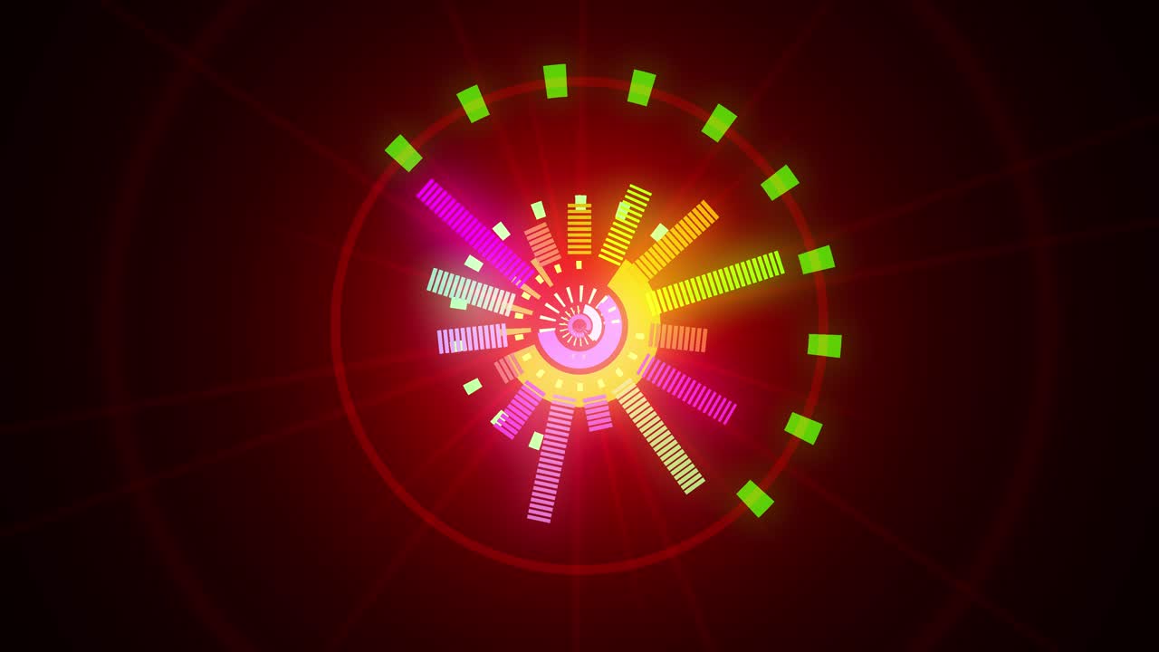 VJ Loops, equalizzatore musicale DJ, grafiche animate colorate, allestimento audiovisivo circolare.