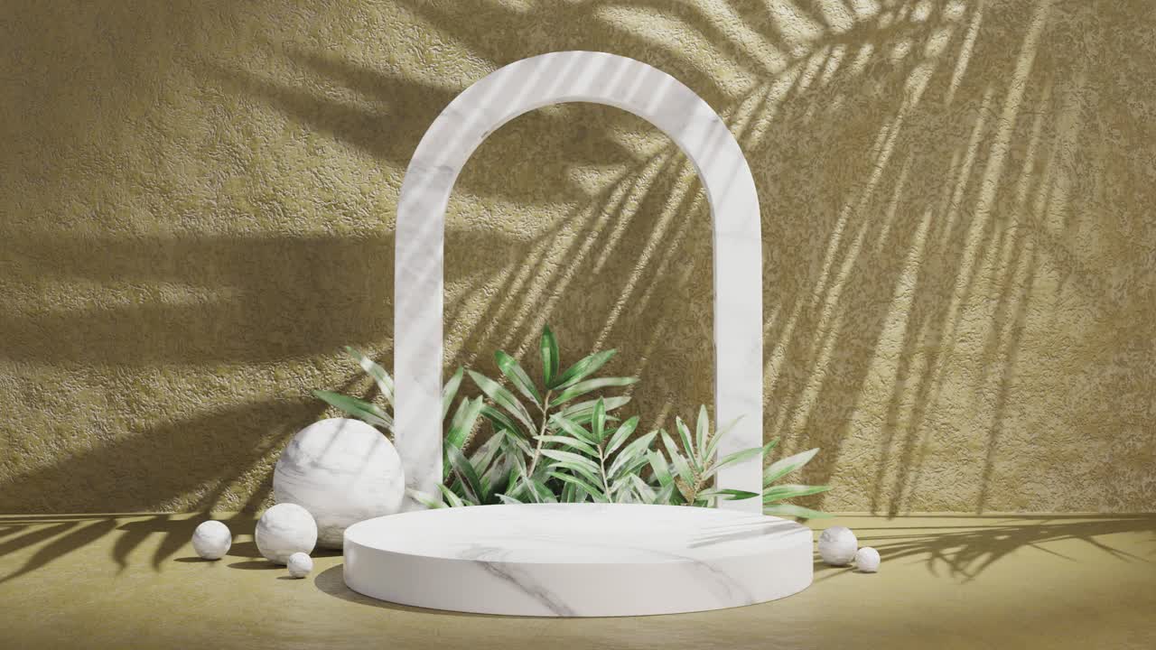Sfere di piattaforma ad arco marmorizzate con ombra di foglia di palma, sfondo verde strutturato