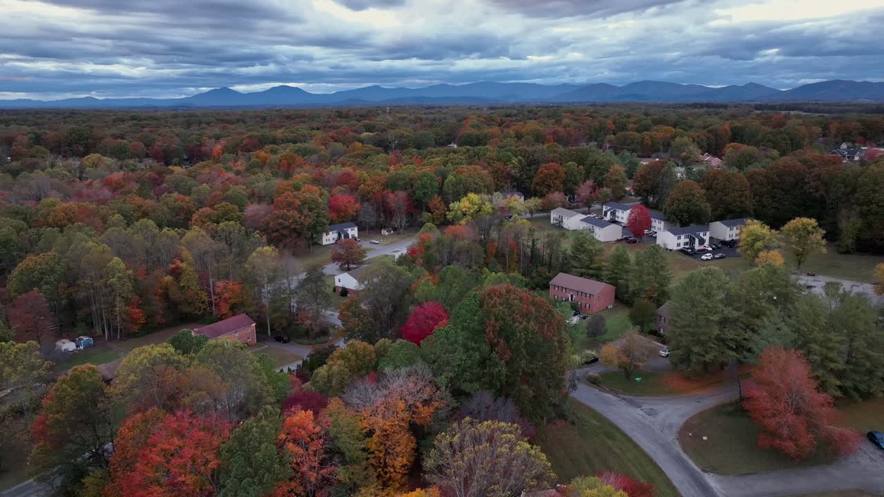 Multi-colored leaves of trees in quiet suburbia with apartment buildings and multi-family units. Cloudy dark day in fall season. America, Virginia. Aerial wide shot
