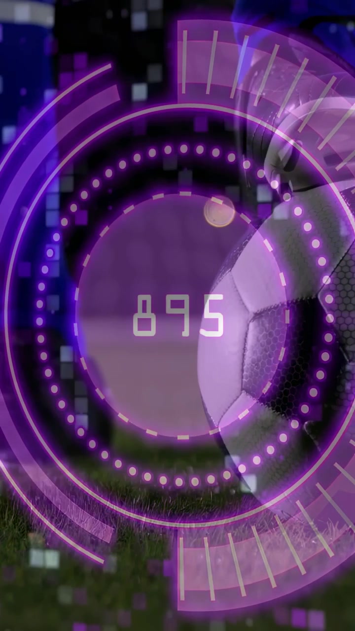 Vertical video: Soccer player kicking ball, causing HUD updating numeric readouts for sports data