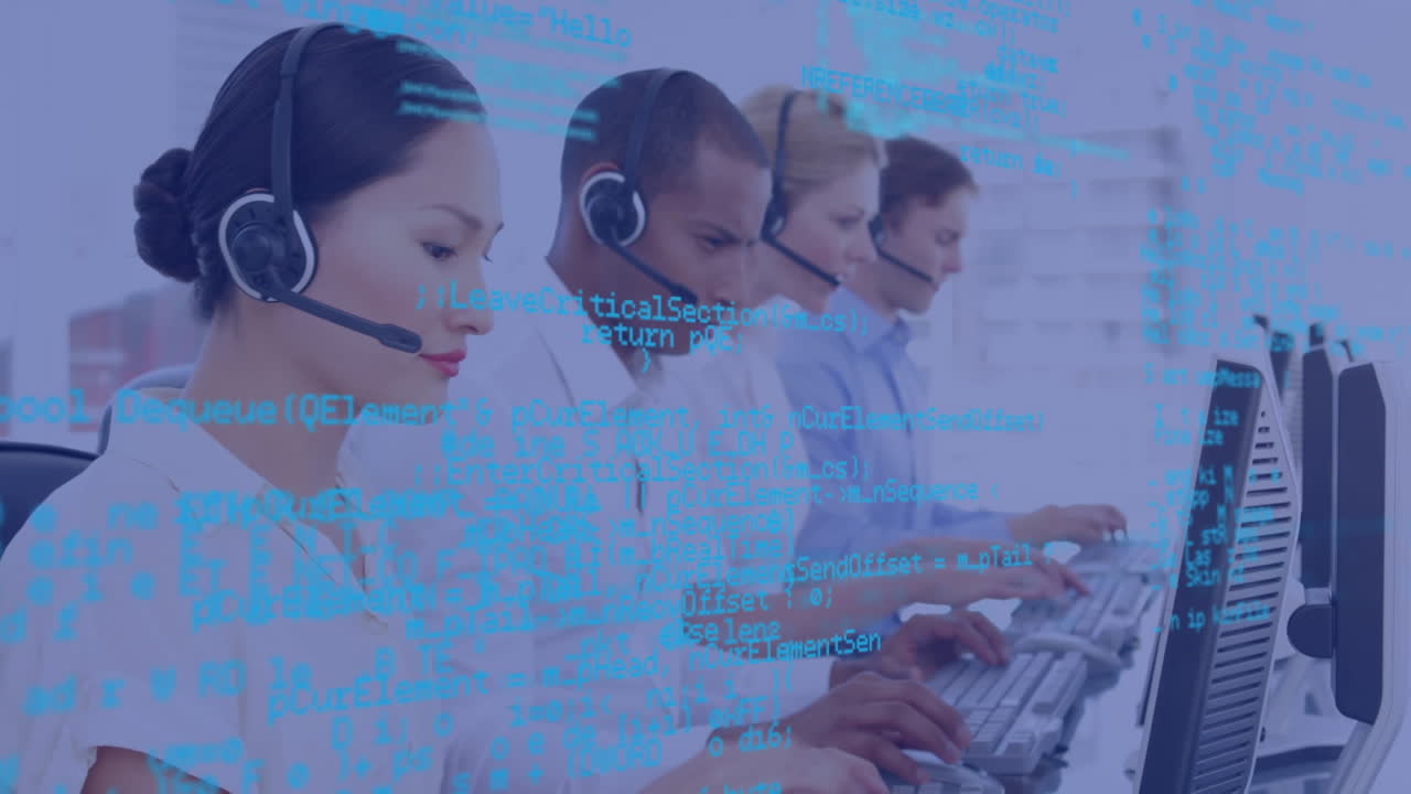 Animation of data processing oper business people using phone headsets